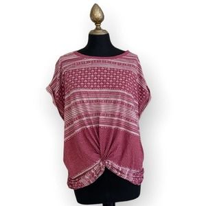 Lucky Brand Top Striped Slouchy Short Sleeve Tie Front Maroon Pink Size Large